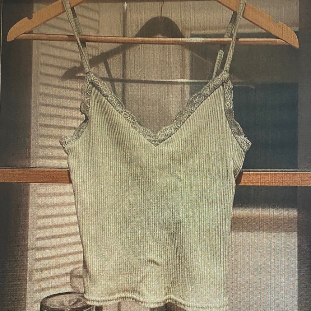 Lace-Trim Ribbed Camisole Tank Top - Sage Green